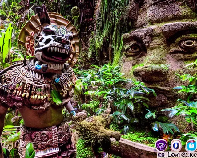 Image similar to mayan jaguar warrior exploring an alien garden las pozas, 1 9 7 0's sci - fi, lofi technology, deep aesthetic colors, 8 k, highly ornate intricate details, extreme detail,