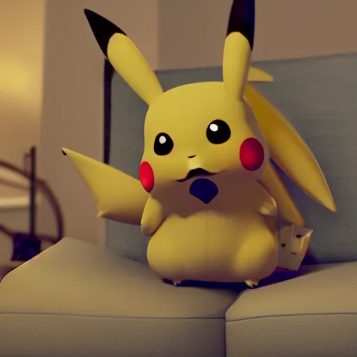 Image similar to Pikachu taking a bong rip on the couch, unreal engine 5, octane render, cgsociety, living room interior, soft lighting, ray tracing,