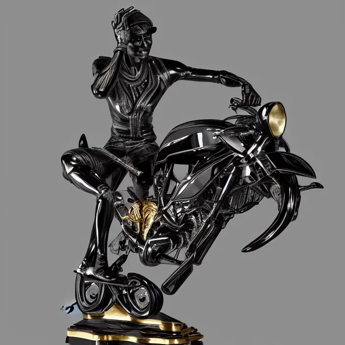 Prompt: fine art statue of masculine black egyptian man on a surrealist motorcycle, ebony art deco, carved black marble, inlaid with ebony and gold accents, ebony rococo, wings black lace wear, spider zero, zaha hadid, beautifully lit, hyper detailed, intricate, elite, ornate, photorealistic, micro details, 3 d sculpture, ray trace
