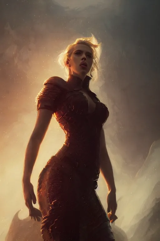 Image similar to a fancy portrait of Scarlett Johansson as a dragon by Greg Rutkowski, Sung Choi, Mitchell Mohrhauser, Maciej Kuciara, Johnson Ting, Maxim Verehin, Peter Konig, final fantasy , mythical, 8k photorealistic, cinematic lighting, HD, high details, atmospheric,