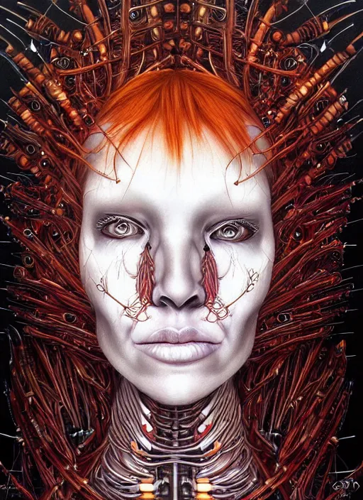 Image similar to biopunk ethereal ginger cyborg portrait by julie bell, intricate biopunk patterns, detailed!, very sharp!!!