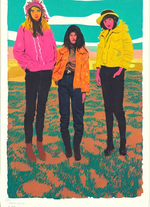 Prompt: a portrait of a group of girls dressed in colorful jackets in a scenic representation of mother nature and the meaning of life by billy childish, composition by justine kurland, thick visible brush strokes, shadowy landscape painting in the background by beal gifford, vintage postcard illustration, minimalist cover art by mitchell hooks