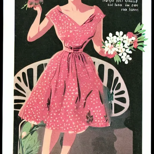 Prompt: woman with flowers, Vintage Magazine Illustration 1950s