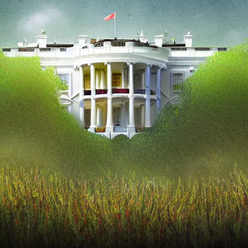 Image similar to a architectural portrait of the white house surrounded in wild blooming cannabis, and hippies crawling from the brush, cg art, fine art, highly detailed, digital painting, cgi, volumetric lighting, sunny atmosphere