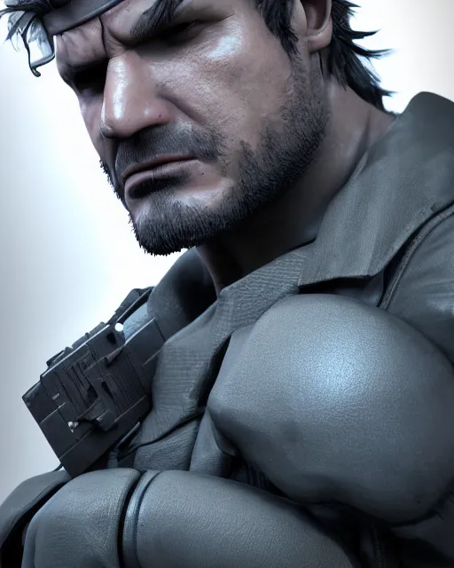 Image similar to solid snake bust portrait, cinematic lighting, backlit face, tired expression, close - up, black atmospheric background, 4 k ultra detailed photorealistic render, best of artstation hdr, official artwork hdr, redshift houdini