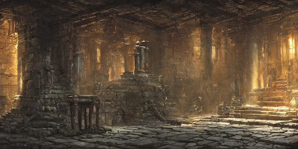 Prompt: deathtrap dungeon, by joe dever, lone wolf, ancient temple, pillars, tomb raider, indiana jones, altar, traps, from inside a temple, temple run, painted by greg rutkowski