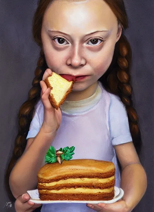 Image similar to greta thunberg eating cakes painted by nicoletta ceccoli, detailed digital art, trending on Artstation