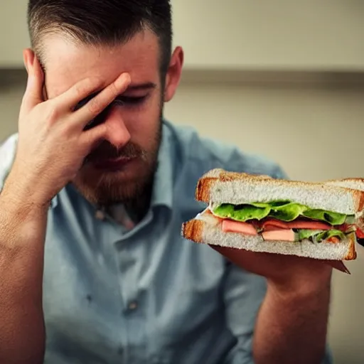 Image similar to a man eating the last sandwhich while looking sad, realistic photo,