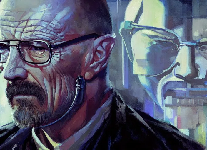 Image similar to a highly detailed beautiful portrait of walter white cyberpunk, by gregory manchess, james gurney, james jean