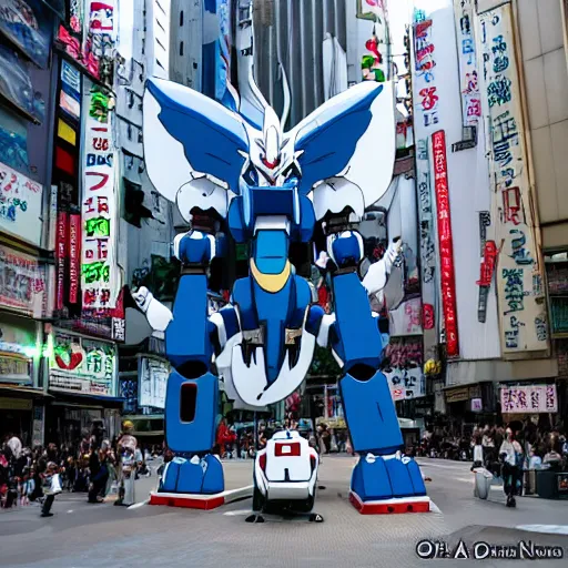 Image similar to haku dragon from spirited away with a full gundam suit flying above tokyo