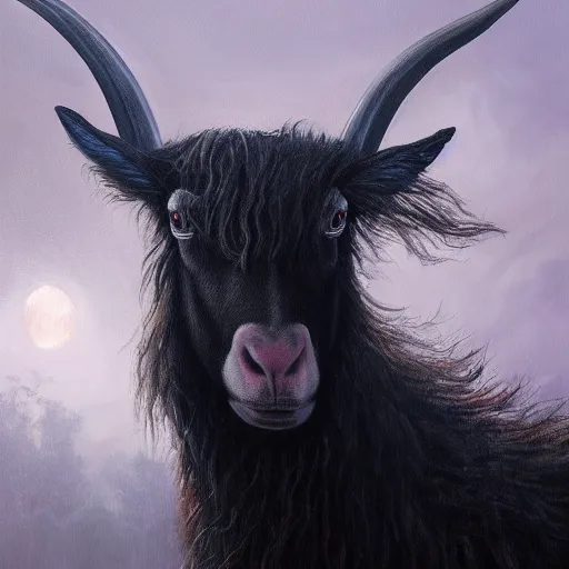 Image similar to thomas kincaid painting of black phillip, gothic horns from the movie the witch. dynamic lighting, masterpiece painting, barloe, octane render, cinematic trending