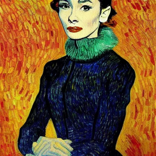 Prompt: a painting of audrey hepburn by vincent van gogh