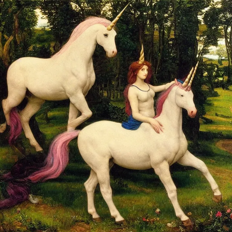 Image similar to A perfect unicorn, pre raphaelite painting