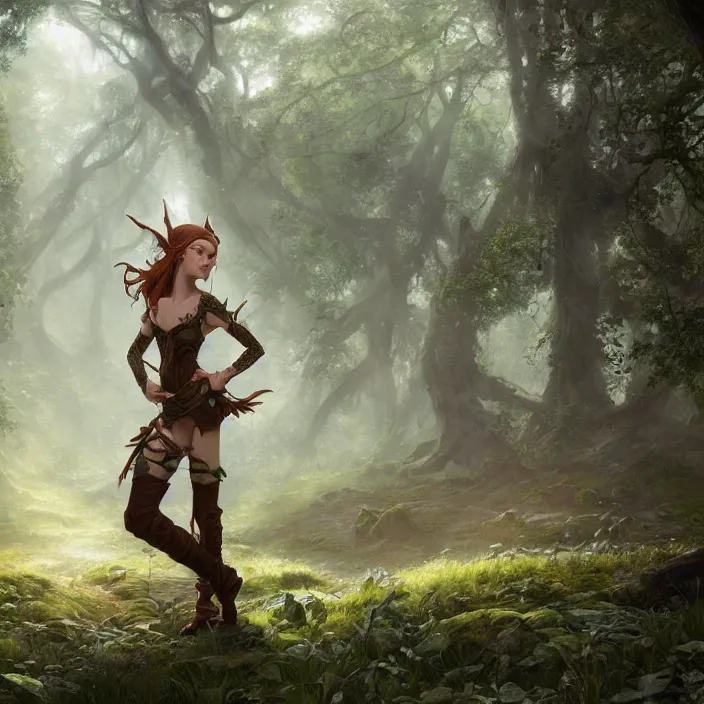 Image similar to intricate detailed portrait of a fantasy female elf on a beautiful forest meadow, temple ruins surrounded by lush forest, morning, art by Tyler Edlin, Artgerm and Greg Rutkowski, atmospheric lighting, dynamic lighting, cgsociety, RPG portrait, octane render, substance painter, iridescent accents