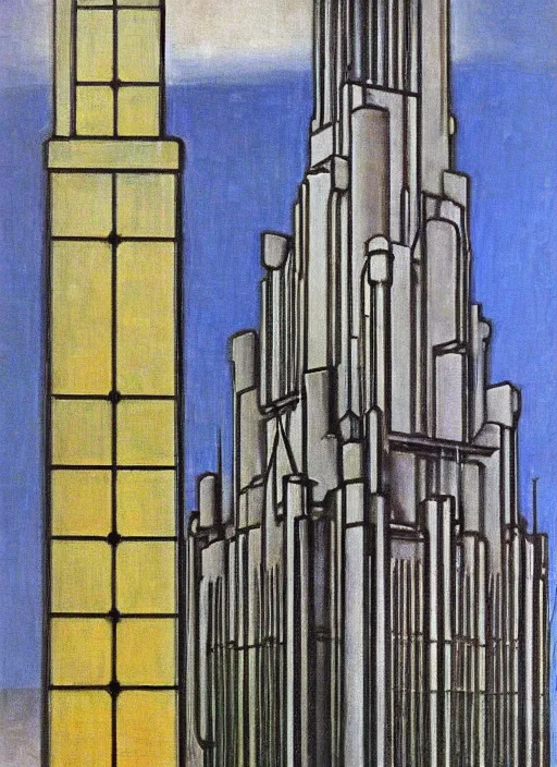 Prompt: artdeco cathedral by frank lloyd wright painted by piet mondrian