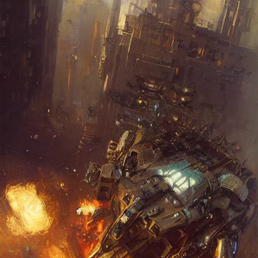 Image similar to six meters tall mech fighting in an urban environment, epic action scene, by gaston bussiere craig mullins jc leyendecker gustav klimt artgerm greg rutkowski john berkey, bergey, craig mullins, ruan jia, raymond swanland, jeremy mann, tom lovell, alex malveda, shadow ray casting, bump mapping