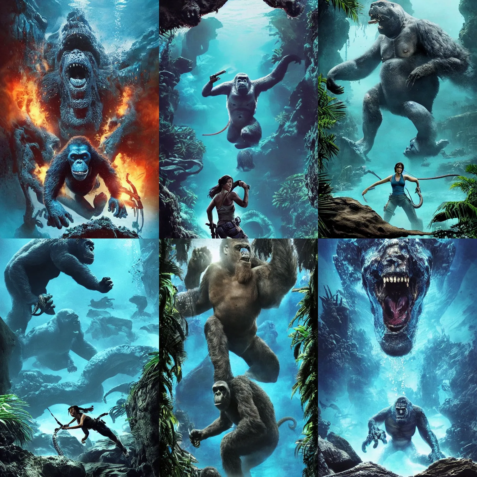 Prompt: Blue. epic composition, ancient biomechanical temple, underwater, bioluminiscent octopus gorilla, Tomb Raider (2018), tropical Island, Kong: Skull Island (2017), Lost series, Action, from jurassic World (2015), from pacific rim (2013) from King kong (2005), farcry, cryengine, cgsociety, ArtStation, by drew struzan, by James gurney