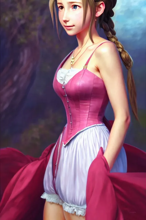 Image similar to subject : detailed full body portrait illustration of aerith gainsborough perfect face, medium : oil on canvas, style : realistic pose study portrait, maximalist, accurate, full color chiaroscuro artist : tetsuya nomura, 4 k, focus : full body and head