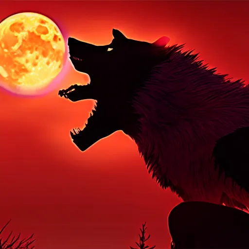 Image similar to werewolf howling to the moon, red sky, 4 k, cinematic composition, dark fantasy, extremely detailed, hyperrealism