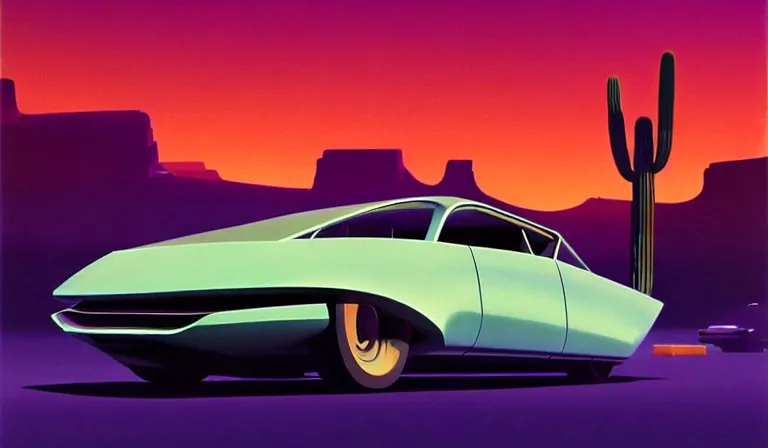 Image similar to a cinematic matte painting of a sleek 1 9 6 0 s vaporwave retro - futurism sci - fi car in a cluttered garage in the american southwest. cactus. by eric lafforgue, glennray tutor and edward hopper, greg rutkowski. trending on artstation.