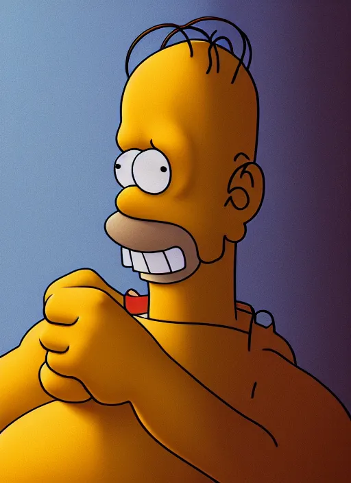 Image similar to portrait of Homer Simpson, sharp focus, illustration, stunning lighting, realistic character concept, light atmosphere, golden ratio, cinematic lighting, high resolution, insanely detailed and intricate, (Hayao Miyazaki), 8k