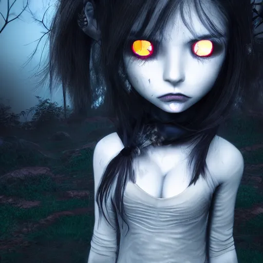 Image similar to full shot portrait of angry darkness anime girl at moonlight, gothic wearing, worrying eyes, inspired by Tim Burton, detailed, unreal engine 4k volumetric light, fog,