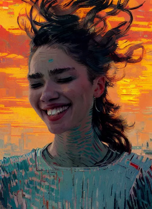 Prompt: portrait of a beautiful girl, new york backdrop, smiling, ecstatic, eyes closed, open mouth, sunset shades, beautiful face, rule of thirds, intricate outfit, spotlight, by greg rutkowski, by jeremy mann, by francoise nielly, by van gogh, digital painting