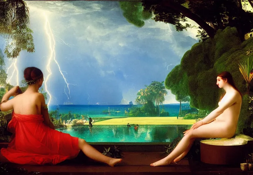 Image similar to Girl playing the palace piano, refracted sparkles, thunderstorm, greek pool, beach and Tropical vegetation on the background major arcana sky, by paul delaroche, hyperrealistic 4k uhd, award-winning, very very very detailed