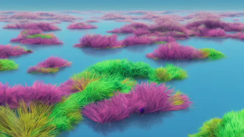 Image similar to digital illustration of a lake full of multi - colored megaflora ice plants by dr. seuss, reimagined by ilm and beeple : 1 | spectral color, electric color, rolling hills : 0. 9 | fantasy : 0. 9 | unreal engine, deviantart, artstation, hd, 8 k resolution : 0. 8