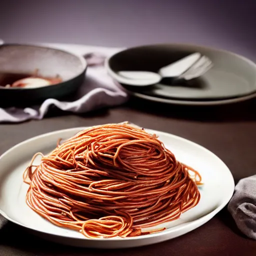 Prompt: spaghetti with chocolate, studio photography