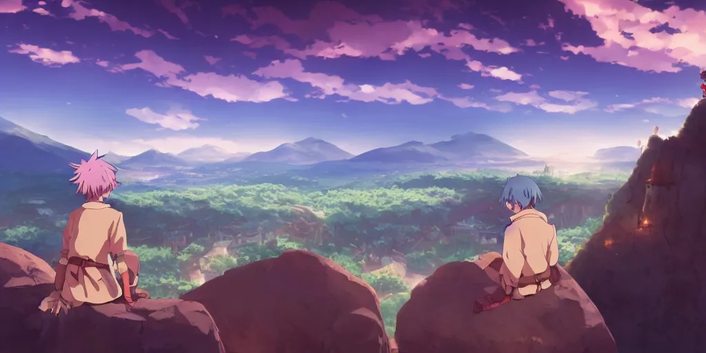 Prompt: isekai masterpiece anime boy sitting on a rock off to the side looking down upon fantasy floating sky town, during dawn, cinematic, very warm colors, intense shadows, anime illustration, anime screenshot composite background