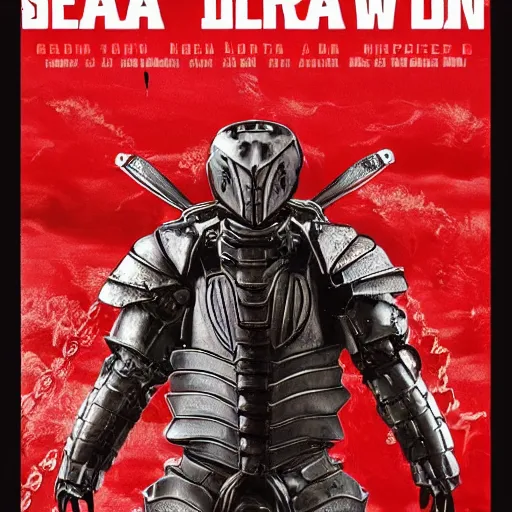 Image similar to an armored warrior with a sword drowns in a sea of red thread, movie poster