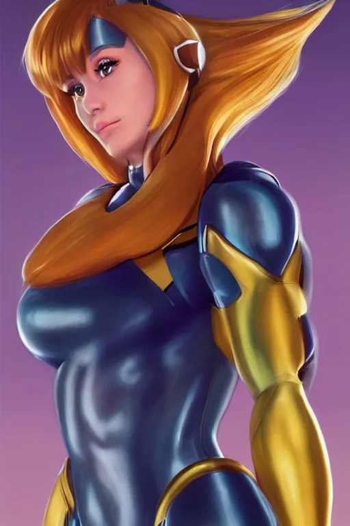 Image similar to Ariana Grande cosplaying as Samus Aran, golden hour, by greg Rutkowksi, by artgerm