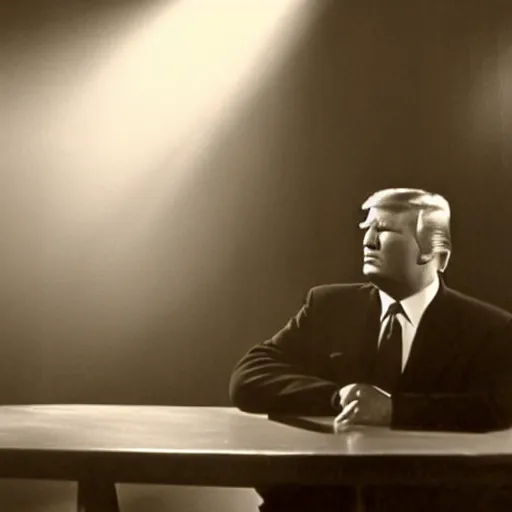 Image similar to a film still from a 1 9 4 0's film noir movie with donald trump sitting at a metal table in an dark interrogation room with a hanging light shining on him illuminating his face