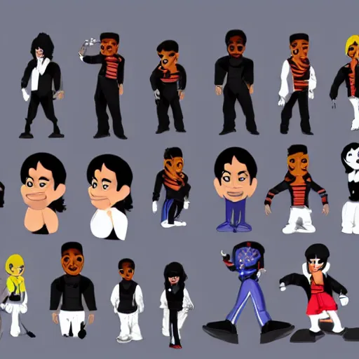 Image similar to character design sheets for camp black face, single michael jackson, michael jackson, michael jackson, michael jackson, michael jackson, michael jackson, michael jackson, michael jackson, ( ( ( mickey mouse ) ) ), nendroid, stephen bliss style