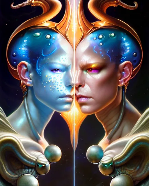 Image similar to a portrait of gemini water and fire fantasy character portrait facing each other, ultra realistic, wide angle, intricate details, the fifth element artifacts, highly detailed by peter mohrbacher, hajime sorayama, wayne barlowe, boris vallejo, aaron horkey, gaston bussiere, craig mullins