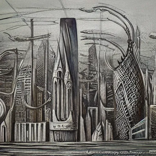 Prompt: city of london painted by hg giger