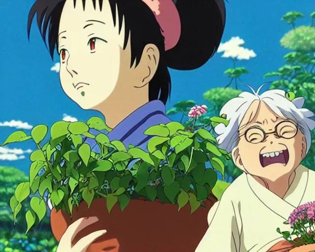 Prompt: anime fine details portrait of a joyful old lady and her plant cat, by Studio Ghibli. 8k, sharp high quality classic anime from 1990 in style of Hayao Miyazaki