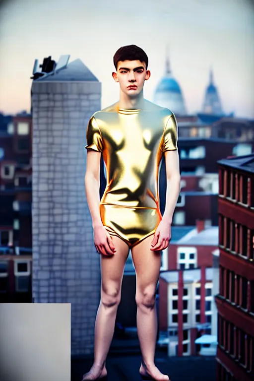 Image similar to un ultra high definition studio quality photographic art portrait of a young man standing on the rooftop of a british apartment building wearing soft padded silver pearlescent clothing. three point light. extremely detailed. golden ratio, ray tracing, volumetric light, shallow depth of field. set dressed.