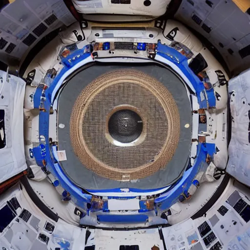 Prompt: giant wall of sound speakers in the interior of an international space station. giant robotic mech particle accelerator. photorealistic 35mm 4k