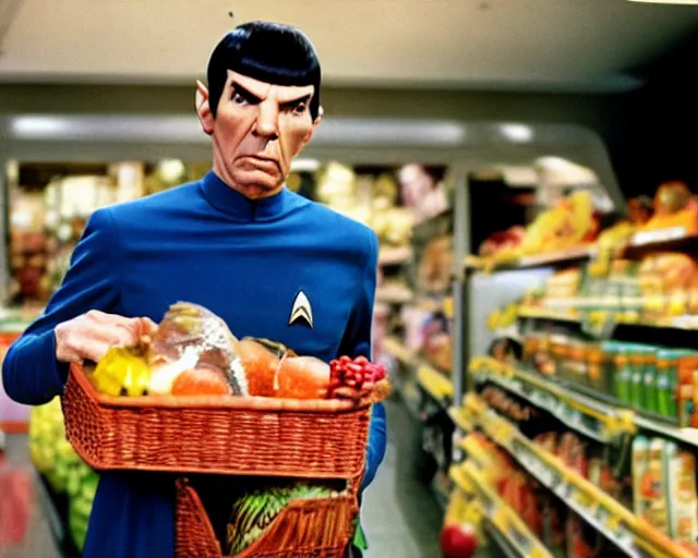 Prompt: Spock going grocery shopping, journalist photo