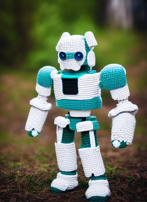 Image similar to a crochet mecha, realistic, no cropping, full body, Sigma 50 mm f/1.4