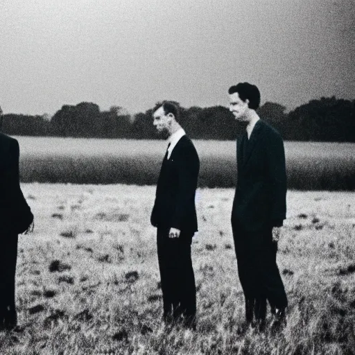 Image similar to 8 mm film, blurry, grainy, liminal, unsettling, group of tall men in suits in a field at night, thunderstorm, dark