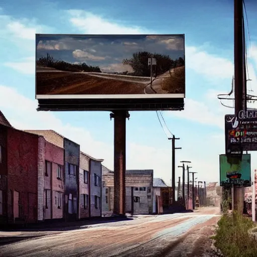 Image similar to a dystopian future image of a street in a rural town on a billboard in that same street in the present day. the picture on the billboard has the exact same viewpoint