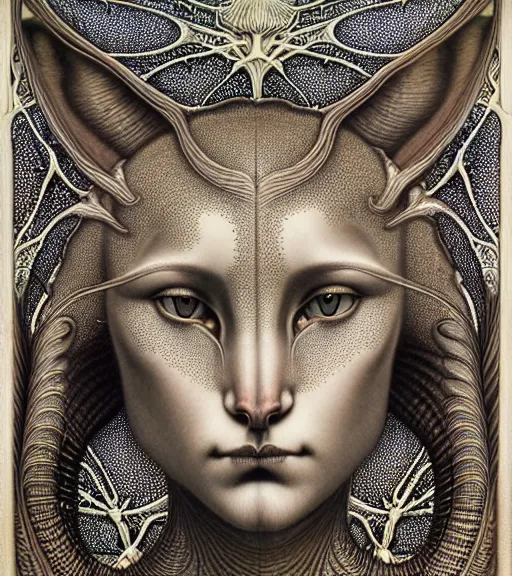 Image similar to detailed realistic beautiful caracal goddess face portrait by jean delville, gustave dore, iris van herpen and marco mazzoni, art forms of nature by ernst haeckel, art nouveau, symbolist, visionary, gothic, neo - gothic, pre - raphaelite, fractal lace, intricate alien botanicals, ai biodiversity, surreality, hyperdetailed ultrasharp octane render