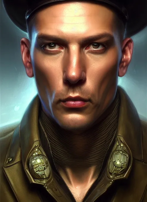 Prompt: closeup portrait shot of a male private detective in a scenic cyberpunk environment, intricate, elegant, highly detailed, centered, digital painting, artstation, concept art, smooth, sharp focus, illustration, artgerm, tomasz alen kopera, peter mohrbacher, donato giancola, joseph christian leyendecker, wlop, boris vallejo