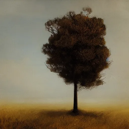 Prompt: lone tree on hill by cy Twombly and BASTIEN LECOUFFE DEHARME, evening light