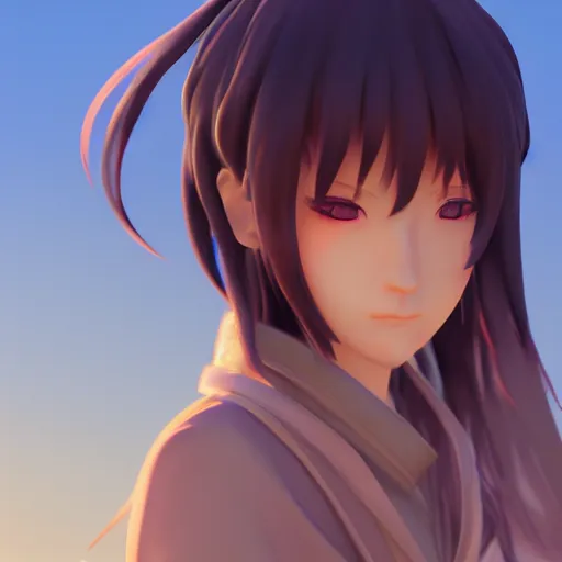 Image similar to concept art of a 3d Ryougi Shiki, full round face, golden hour, serene beach setting, medium shot, mid-shot, highly detailed, trending on Artstation, Unreal Engine 4k