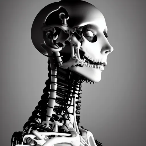 Image similar to black and white dreamy foggy smoky profile face portrait, single skeletal biomechanical beautiful young female cyborg robot bust, body ribs meshes,, volumetric light, rim light, by dora maar and cecile beaton, big gothic fashion pearl embroidered collar, 8 k
