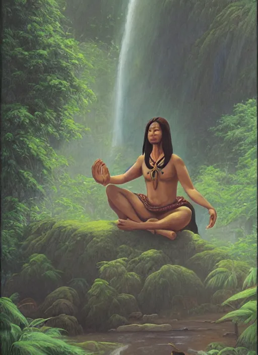 Image similar to an indigenous woman meditating near a river in the amazon jungle, art by christophe vacher